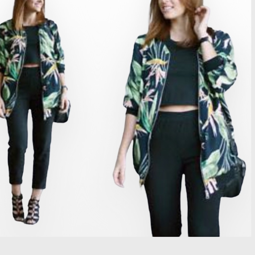Zara Tropical Safari Floral Print Oversized Relaxed Bomber Jacket M